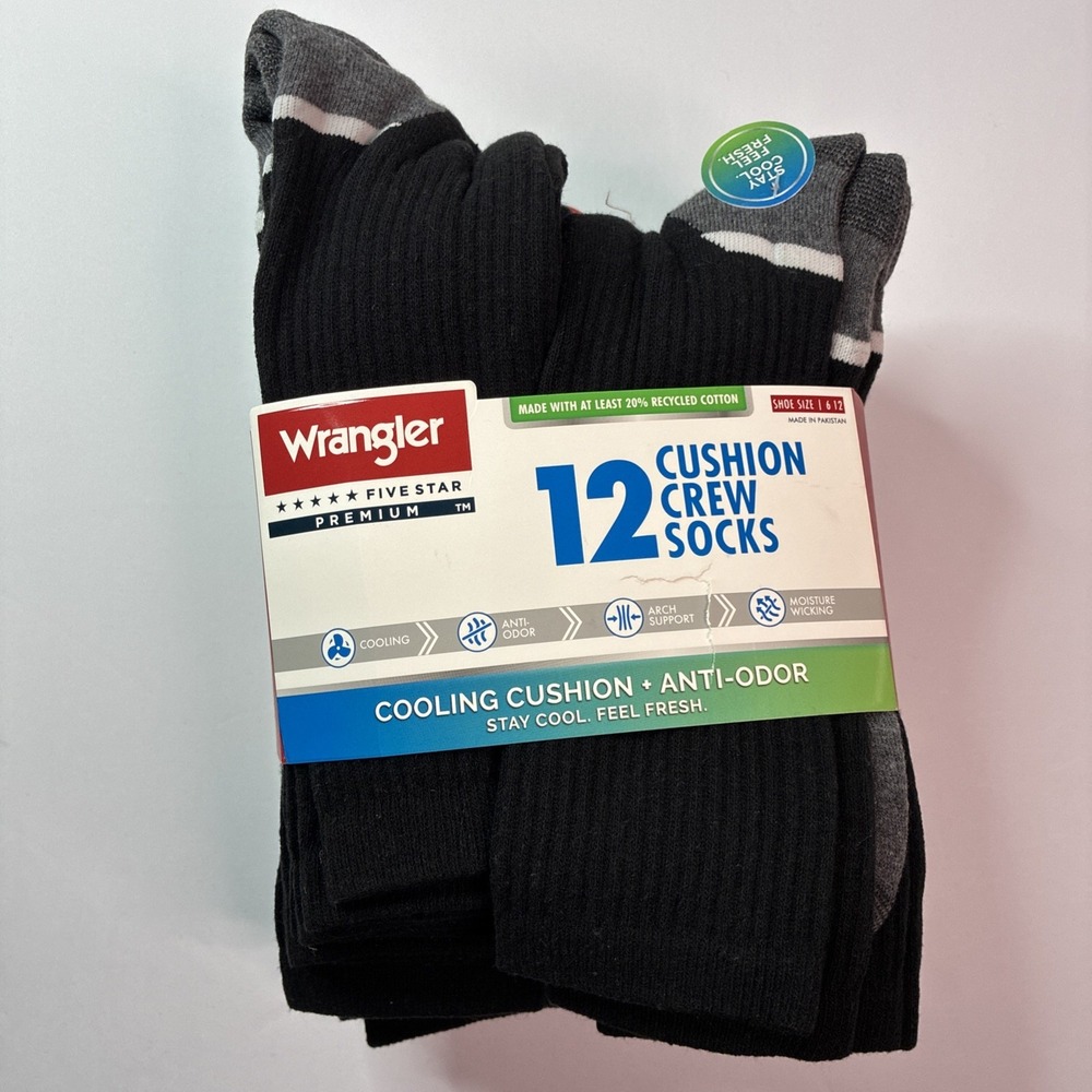 Wrangler Men's 12 Pack Cushion Crew Socks Shoe size 6-12 Cooling Anti-Odor New